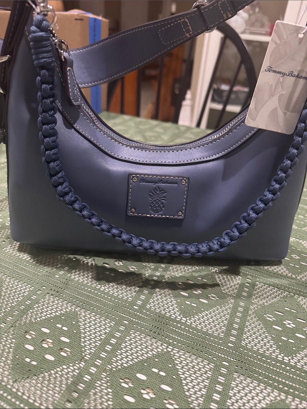Tommy Bahama Navy Braided-Handle Shoulder Bag with Embossed Pineapple